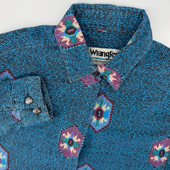 Wrangler Tops - Vintage Wrangler Authentic Western Medium Teal Geometric Medallion Button Shirt